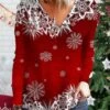 Women's T Shirt Tee Christmas Shirt Red Snowflake Print Long Sleeve Christmas Weekend Basic Christmas V Neck Regular Fit Painting -Cheap Women Clothing Store blnhjf1666437885791