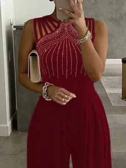 Jumpsuits For Women Dressy Beaded Solid Color Sequin Crew Neck Elegant Xmas Party Evening Christmas Prom Wide Leg Regular Fit Sleeveless Blue Black Wine S M LFall Summer -Cheap Women Clothing Store bmbsdd1643094603255