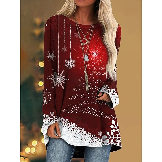 Women's T Shirt Tee Christmas Shirt Wine Red Navy Blue Christmas Tree Snowflake Reindeer Print Long Sleeve Christmas Weekend Basic Print Christmas Round Neck Regular Fit Painting 4 Women's T Shirt Tee Christmas Shirt Wine Red Navy Blue Christmas Tree Snowflake Reindeer Print Long Sleeve Christmas Weekend Basic Print Christmas Round Neck Regular Fit Painting - Image 2
