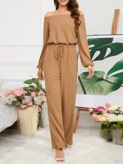 Women's Jumpsuit Pocket Drawstring Solid Color Off Shoulder Christmas Business Office Work Xmas Regular Fit Long Sleeve Black Red Blue S M L Fall -Cheap Women Clothing Store bmtlme1694415734217