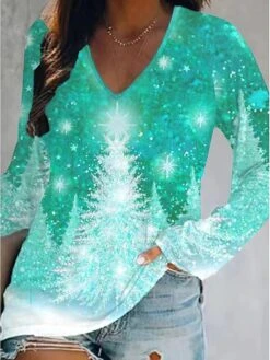 Women's T Shirt Tee Christmas Shirt Black Red Blue Christmas Tree Snowflake Print Long Sleeve Christmas Weekend Basic Christmas V Neck Regular Fit Floral Painting Fall & Winter -Cheap Women Clothing Store bohxxp1665654669068