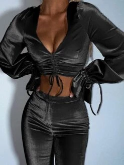 Women's Crop Top Pants Sets Christmas Shirt Velvet Black Pink Khaki Solid Color Ruched Drawstring Long Sleeve Party Casual Streetwear Christmas V Neck Regular Fit Spring &Fall 20 Women's Crop Top Pants Sets Christmas Shirt Velvet Black Pink Khaki Solid Color Ruched Drawstring Long Sleeve Party Casual Streetwear Christmas V Neck Regular Fit Spring &Fall -Cheap Women Clothing Store bqoevf1693825477459