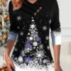 Women's Christmas Shirt Black Christmas Tree Button Print Long Sleeve Christmas Weekend Festival / Holiday V Neck Regular Fit Painting Spring &Fall -Cheap Women Clothing Store bqqsws1697538819504