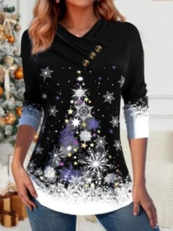 Women's Christmas Shirt Black Christmas Tree Button Print Long Sleeve Christmas Weekend Festival / Holiday V Neck Regular Fit Painting Spring &Fall