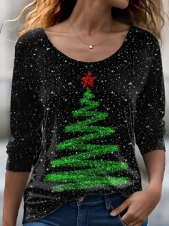 Women's T Shirt Tee Christmas Shirt Black Christmas Tree Print Long Sleeve Christmas Weekend Festival / Holiday Round Neck Regular Fit Painting Spring &Fall