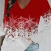 Women's T Shirt Tee Christmas Shirt Black Red Blue Christmas Tree Snowflake Print Long Sleeve Christmas Weekend Basic Christmas V Neck Regular Fit Floral Painting Fall & Winter
