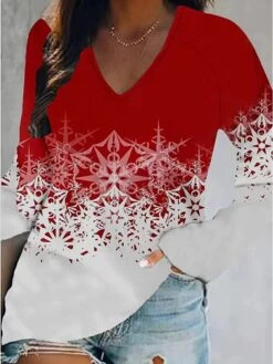 Women's T Shirt Tee Christmas Shirt Black Red Blue Christmas Tree Snowflake Print Long Sleeve Christmas Weekend Basic Christmas V Neck Regular Fit Floral Painting Fall & Winter