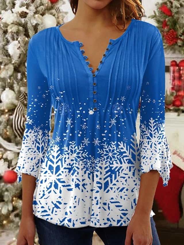 Women's Shirt Blouse Christmas Shirt Denim Blue Grass Green Black Snowflake Button Print 3/4 Length Sleeve Christmas Streetwear Casual Round Neck Regular Fit 11 Women's Shirt Blouse Christmas Shirt Denim Blue Grass Green Black Snowflake Button Print 3/4 Length Sleeve Christmas Streetwear Casual Round Neck Regular Fit - Image 9