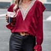 Women's Christmas Shirt Black Pink Red USA Ruffle Long Sleeve Party Work Gothic Standing Collar Form Fit Floral Lantern Sleeve Spring & Summer