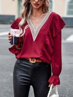 Women's Christmas Shirt Black Pink Red USA Ruffle Long Sleeve Party Work Gothic Standing Collar Form Fit Floral Lantern Sleeve Spring & Summer