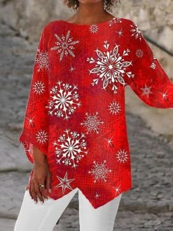 Women's Shirt Christmas Shirt White Yellow Wine Christmas Tree Snowflake Deer Asymmetric Print Long Sleeve Christmas Weekend Streetwear Print Christmas Round Neck Regular Fit -Cheap Women Clothing Store bvmsqs1666257049193