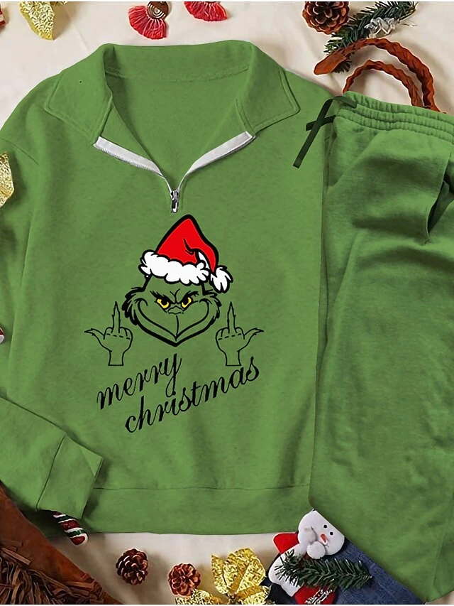 Women's Sweatshirt Tracksuit Pants Sets Christmas Shirt Light Green Army Green Dark Green Graphic Ugly Christmas Monster Zipper Drawstring Print Long Sleeve Outdoor Casual Active Sports Christmas V 6 Women's Sweatshirt Tracksuit Pants Sets Christmas Shirt Light Green Army Green Dark Green Graphic Ugly Christmas Monster Zipper Drawstring Print Long Sleeve Outdoor Casual Active Sports Christmas V - Image 4