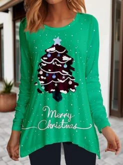 Women's T Shirt Tee Yellow Red Blue Letter Christmas Tree Flowing Tunic Print Long Sleeve Christmas Weekend Festival / Holiday Round Neck Regular Fit Painting Spring &Fall -Cheap Women Clothing Store bwdcyf1697193956951