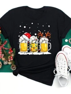 Women's T Shirt Tee Christmas Shirt Black Yellow Red Christmas Tree Reindeer Print Short Sleeve Christmas Gift Casual Basic Christmas Round Neck Regular Fit Painting -Cheap Women Clothing Store bwmjbe1635761822594