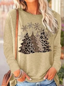 Women's T Shirt Tee Christmas Shirt Black Pink Green Leopard Christmas Tree Snowflake Print Long Sleeve Party Christmas Weekend Festival / Holiday Round Neck Regular Fit Painting Spring &Fall