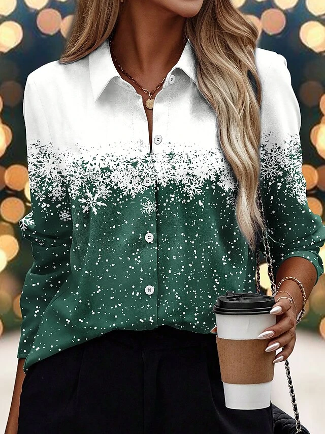 Women's Shirt Blouse Christmas Shirt Wine Navy Blue Brown Snowflake Button Print Long Sleeve Christmas Casual Festival / Holiday Shirt Collar Regular Fit Spring &Fall 5 Women's Shirt Blouse Christmas Shirt Wine Navy Blue Brown Snowflake Button Print Long Sleeve Christmas Casual Festival / Holiday Shirt Collar Regular Fit Spring &Fall - Image 3