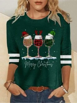 Women's T Shirt Tee Christmas Shirt Black Red Blue Leopard Plaid Wine Glass Print Long Sleeve Party Christmas Weekend Festival / Holiday Round Neck Regular Fit Painting Spring &Fall 12 Women's T Shirt Tee Christmas Shirt Black Red Blue Leopard Plaid Wine Glass Print Long Sleeve Party Christmas Weekend Festival / Holiday Round Neck Regular Fit Painting Spring &Fall -Cheap Women Clothing Store bxwwne1696843040190