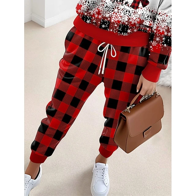 Women's Sweatshirt Tracksuit Pants Sets Red Graphic Plaid Drawstring Print Long Sleeve Outdoor Casual Sports Christmas Round Neck Regular Fit Spring &Fall 5 Women's Sweatshirt Tracksuit Pants Sets Red Graphic Plaid Drawstring Print Long Sleeve Outdoor Casual Sports Christmas Round Neck Regular Fit Spring &Fall - Image 3