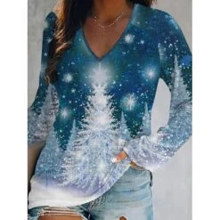 Women's T Shirt Tee Christmas Shirt Black Pink Wine Christmas Tree Print Long Sleeve Christmas Weekend Basic Print Christmas V Neck Regular Fit Painting Fall & Winter -Cheap Women Clothing Store bybtrc1664676685286