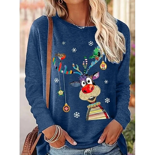 Women's T Shirt Tee Christmas Shirt Malachite Green Black Blue Reindeer Print Long Sleeve Christmas Weekend Basic Christmas Round Neck Regular Fit Painting 6 Women's T Shirt Tee Christmas Shirt Malachite Green Black Blue Reindeer Print Long Sleeve Christmas Weekend Basic Christmas Round Neck Regular Fit Painting - Image 4
