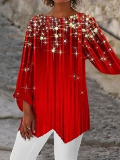 Women's Shirt Christmas Shirt White Yellow Wine Christmas Tree Snowflake Deer Asymmetric Print Long Sleeve Christmas Weekend Streetwear Print Christmas Round Neck Regular Fit -Cheap Women Clothing Store bzioap1666257048753