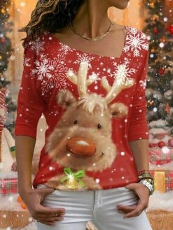 Women's T Shirt Tee Christmas Shirt Red Reindeer Print Long Sleeve Christmas Weekend Basic Christmas V Neck Regular Fit Painting