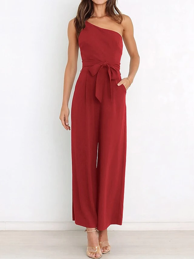 Women's Jumpsuit Pocket High Waist Solid Color One Shoulder Elegant Party Christmas Regular Fit Sleeveless Yellow Army Green Red S M L Fall 9 Women's Jumpsuit Pocket High Waist Solid Color One Shoulder Elegant Party Christmas Regular Fit Sleeveless Yellow Army Green Red S M L Fall - Image 7