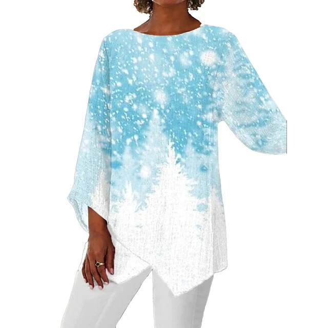 Women's Shirt Blouse Christmas Shirt Black Red Blue Floral Christmas Tree Snowflake Asymmetric Print Long Sleeve Christmas Streetwear Casual Round Neck Regular Fit 3 Women's Shirt Blouse Christmas Shirt Black Red Blue Floral Christmas Tree Snowflake Asymmetric Print Long Sleeve Christmas Streetwear Casual Round Neck Regular Fit