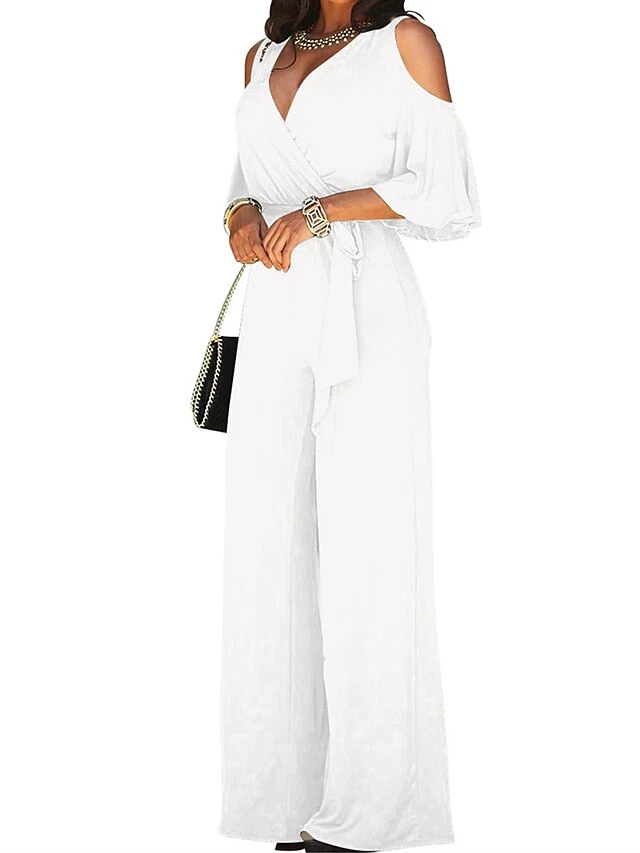 Women's Jumpsuit High Waist Cut Out Solid Color V Neck Streetwear Christmas Daily Xmas Regular Fit 3/4 Length Sleeve Black White Yellow S M L Fall 4 Women's Jumpsuit High Waist Cut Out Solid Color V Neck Streetwear Christmas Daily Xmas Regular Fit 3/4 Length Sleeve Black White Yellow S M L Fall - Image 2