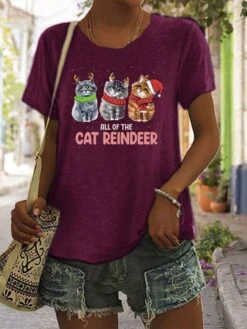 Women's T Shirt Tee Christmas Shirt 100% Cotton Black White Wine Graphic Cat Letter Print Short Sleeve Christmas Daily Holiday Basic Christmas Round Neck Regular Fit Cat -Cheap Women Clothing Store cealsp1666754593206