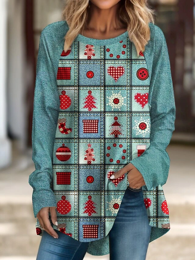 Women's T Shirt Tee Christmas Shirt Blue Purple Green Graphic Christmas Tree Print Long Sleeve Christmas Weekend Festival / Holiday Round Neck Regular Fit Painting Spring &Fall 4 Women's T Shirt Tee Christmas Shirt Blue Purple Green Graphic Christmas Tree Print Long Sleeve Christmas Weekend Festival / Holiday Round Neck Regular Fit Painting Spring &Fall - Image 2