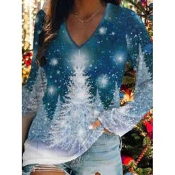 Women's T Shirt Tee Christmas Shirt Black Pink Wine Christmas Tree Print Long Sleeve Christmas Weekend Basic Print Christmas V Neck Regular Fit Painting Fall & Winter