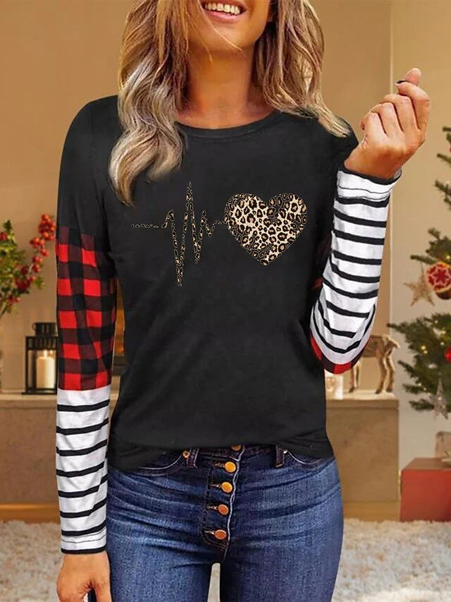 Women's Shirt Christmas Shirt Leopard Yellow Pink Color Block Print Deer Print Long Sleeve Christmas Casual Daily Casual Round Neck Regular Fit 12 Women's Shirt Christmas Shirt Leopard Yellow Pink Color Block Print Deer Print Long Sleeve Christmas Casual Daily Casual Round Neck Regular Fit - Image 10