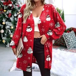 Women's Shirt Shrugs Christmas Shirt Christmas Tree Red Snowman Black Snowman Santa Claus Snowman Christmas Tree Print Long Sleeve Christmas Casual Streetwear V Neck
