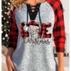 Women's T Shirt Tee Christmas Shirt Red Plaid Santa Claus Print Long Sleeve Christmas Weekend Festival / Holiday V Neck Regular Fit Painting Spring &Fall -Cheap Women Clothing Store civsox1697161141018