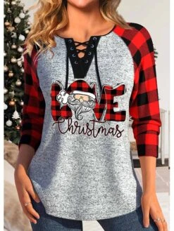 Women's T Shirt Tee Christmas Shirt Red Plaid Santa Claus Print Long Sleeve Christmas Weekend Festival / Holiday V Neck Regular Fit Painting Spring &Fall