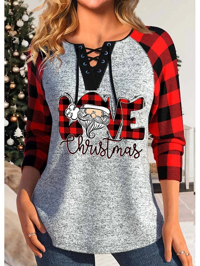 Women's T Shirt Tee Christmas Shirt Red Plaid Santa Claus Print Long Sleeve Christmas Weekend Festival / Holiday V Neck Regular Fit Painting Spring &Fall 3 Women's T Shirt Tee Christmas Shirt Red Plaid Santa Claus Print Long Sleeve Christmas Weekend Festival / Holiday V Neck Regular Fit Painting Spring &Fall