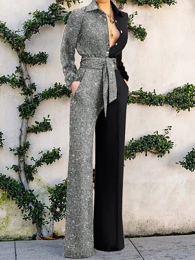 Women's Jumpsuit Lace Up High Waist Color Block Shirt Collar Ordinary Xmas Wedding Party Christmas Straight Regular Fit Long Sleeve Silver Red Brown S M L Fall 3 Women's Jumpsuit Lace Up High Waist Color Block Shirt Collar Ordinary Xmas Wedding Party Christmas Straight Regular Fit Long Sleeve Silver Red Brown S M L Fall