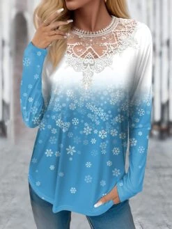 Women's T Shirt Tee Christmas Shirt Blue Snowflake Lace Print Long Sleeve Christmas Weekend Festival / Holiday Round Neck Regular Fit Painting Spring &Fall