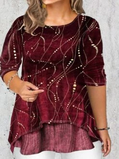 Women's Shirt Blouse Wine Blue Purple Polka Dot Sunflower Print Half Sleeve Christmas Daily Vacation Holiday Casual Crew Neck Regular Fit Fall Winter -Cheap Women Clothing Store cohemh1640071574091