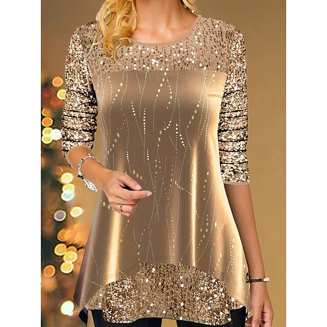 Women's Shirt T Shirt Tee Blouse Christmas Shirt Yellow Red Striped Sparkly Sequins Print Long Sleeve Party Christmas Weekend Festival / Holiday Round Neck Regular Fit Painting Spring &Fall 4 Women's Shirt T Shirt Tee Blouse Christmas Shirt Yellow Red Striped Sparkly Sequins Print Long Sleeve Party Christmas Weekend Festival / Holiday Round Neck Regular Fit Painting Spring &Fall - Image 2