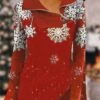Women's Blouse Christmas Shirt Red Sparkly Snowflake Asymmetric Quarter Zip Print Long Sleeve Party Christmas Casual Festival / Holiday V Neck Regular Fit Spring &Fall -Cheap Women Clothing Store coxskw1697423033243