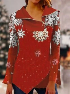 Women's Blouse Christmas Shirt Red Sparkly Snowflake Asymmetric Quarter Zip Print Long Sleeve Party Christmas Casual Festival / Holiday V Neck Regular Fit Spring &Fall