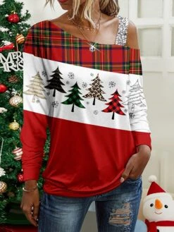 Women's T Shirt Tee Christmas Shirt Red Plaid Christmas Tree Print Long Sleeve Party Christmas Weekend Festival / Holiday Christmas Diagonal Neck Regular Fit Painting Spring &Fall