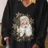 Women's T Shirt Tee Christmas Shirt Black Santa Claus Snowflake Print Long Sleeve Christmas Weekend Festival / Holiday Funny Christmas V Neck Regular Fit Painting Spring &Fall