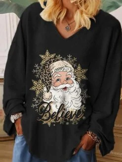 Women's T Shirt Tee Christmas Shirt Black Santa Claus Snowflake Print Long Sleeve Christmas Weekend Festival / Holiday Funny Christmas V Neck Regular Fit Painting Spring &Fall