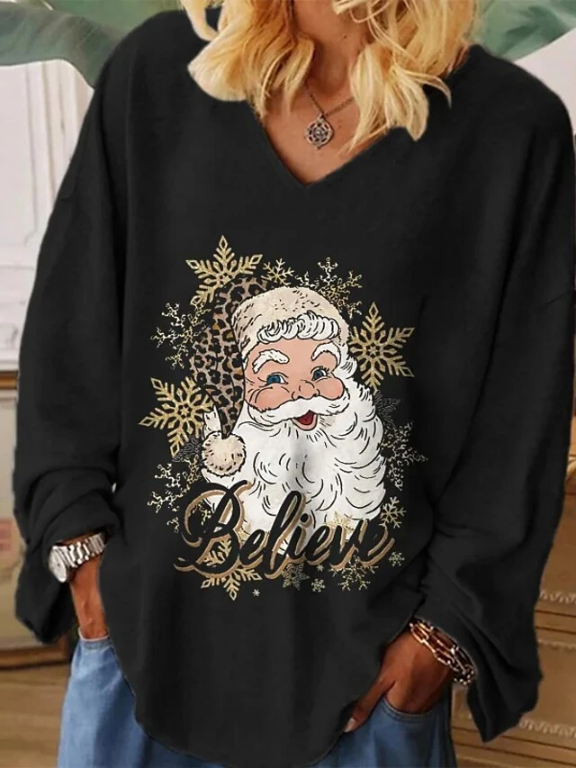 Women's T Shirt Tee Christmas Shirt Black Santa Claus Snowflake Print Long Sleeve Christmas Weekend Festival / Holiday Funny Christmas V Neck Regular Fit Painting Spring &Fall 3 Women's T Shirt Tee Christmas Shirt Black Santa Claus Snowflake Print Long Sleeve Christmas Weekend Festival / Holiday Funny Christmas V Neck Regular Fit Painting Spring &Fall