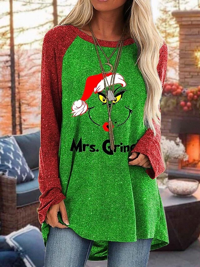 Women's T Shirt Tee Christmas Shirt Green Gray Graphic Grinch Ugly Christmas Print Long Sleeve Christmas Weekend Basic Christmas Round Neck Regular Fit Painting Fall & Winter 3 Women's T Shirt Tee Christmas Shirt Green Gray Graphic Grinch Ugly Christmas Print Long Sleeve Christmas Weekend Basic Christmas Round Neck Regular Fit Painting Fall & Winter