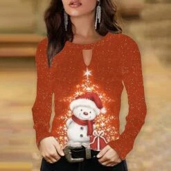 Women's Shirt Blouse Christmas Shirt Yellow Blue Purple Snowman Christmas Tree Print Long Sleeve Christmas Streetwear Casual Print Round Neck Regular Fit