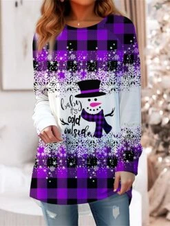 Women's T Shirt Tee Christmas Shirt Yellow Red Blue Plaid Snowman Snowflake Print Long Sleeve Christmas Weekend Festival / Holiday Round Neck Regular Fit Painting Spring &Fall -Cheap Women Clothing Store csgzcw1695726934580